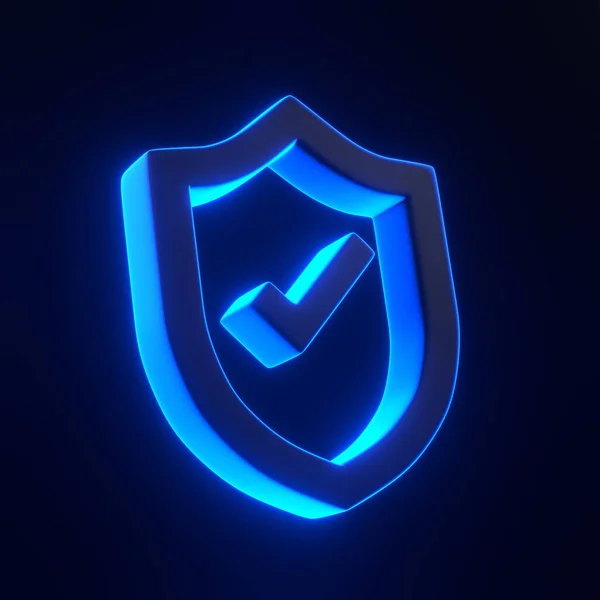 Outline Shield Shape with Tick Symbol with bright glowing futuristic blue neon lights on black background. 3D icon, sign and symbol. Cartoon minimal style. 3D render illustration