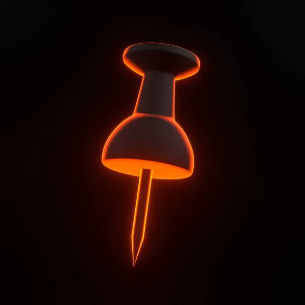Drawing pin with bright glowing futuristic orange neon lights on black background. 3D icon, sign and symbol. Cartoon minimal style. 3D render illustration