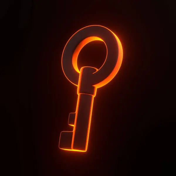 黒い背景に明るく輝く未来的なオレンジ色のネオン ライトが付いているキー 3Dアイコン サイン シンボル カートゥーンミニマルスタイル 3Dレンダリングイラスト — ストック写真