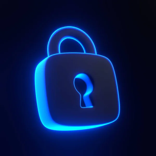 Locked padlock with bright glowing futuristic blue neon lights on black background. 3D icon, sign and symbol. Cartoon minimal style. 3D render illustration