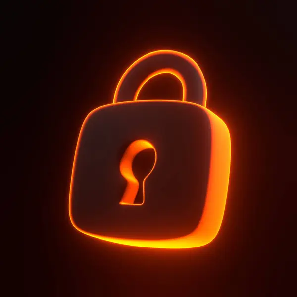 黒い背景に明るく輝く未来的なオレンジ色のネオン ライトが付いているロックされたパドロック 3Dアイコン サイン シンボル カートゥーンミニマルスタイル 3Dレンダリングイラスト — ストック写真