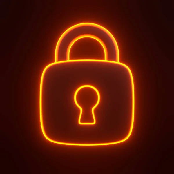 黒い背景に明るく輝く未来的なオレンジ色のネオン ライトが付いているロックされたパドロック 3Dアイコン サイン シンボル フロントビュー 3Dレンダリングイラスト — ストック写真