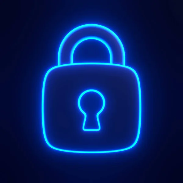 黒い背景に明るく輝く未来的な青いネオン ライトが付いているロックされたパドロック 3Dアイコン サイン シンボル フロントビュー 3Dレンダリングイラスト — ストック写真