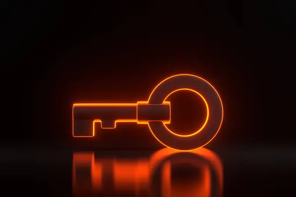 Ключ Груди Ярко Светящимися Футуристическими Оранжевыми Неоновыми Огнями Черном Фоне — стоковое фото