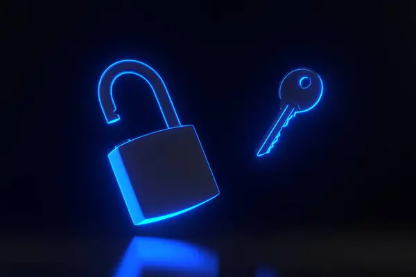 Lock and key fly with bright glowing futuristic blue neon lights on black background. Security concept. 3D render illustration