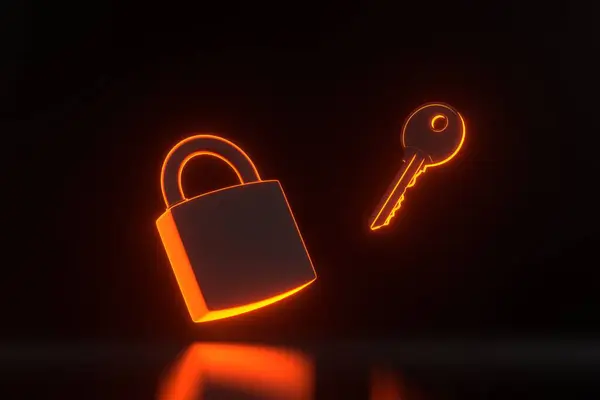 Lock and key fly with bright glowing futuristic orange neon lights on black background. Security concept. 3D render illustration