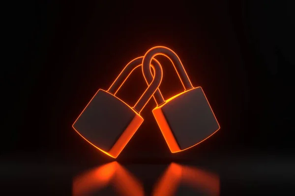 Dva Zámky Jasně Zářícími Futuristickými Oranžovými Neonovými Světly Černém Pozadí — Stock fotografie