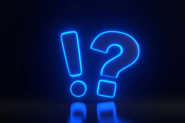 Exclamation and Question Mark with bright glowing futuristic blue neon lights on black background. Frequently Asked Questions concept. Ask Questions and receive Answers. 3D render illustration