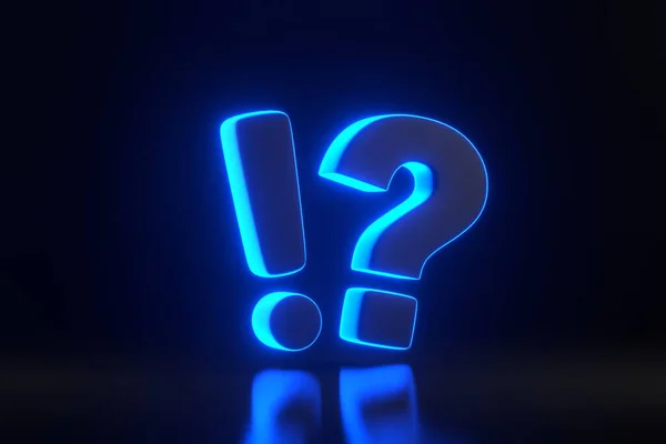 Exclamation and Question Mark with bright glowing futuristic blue neon lights on black background. Frequently Asked Questions concept. Ask Questions and receive Answers. 3D render illustration