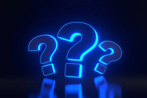 Group Question Marks Bright Glowing Futuristic Blue Neon Lights Black — Stock Photo, Image