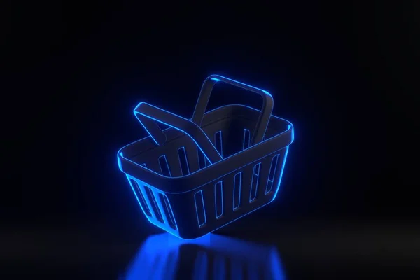 Flying cartoon shopping basket with bright glowing futuristic blue neon lights on black background. Minimal style empty grocery shopping cart. 3D render illustration