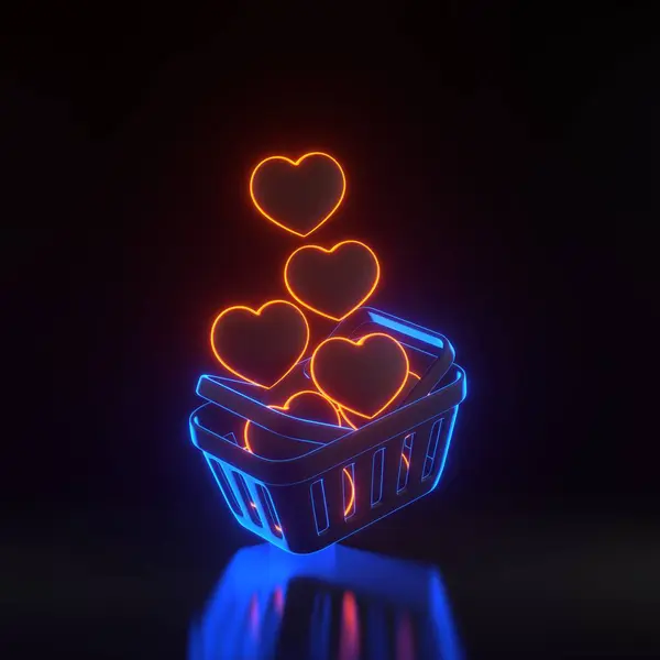 Flying cartoon shopping basket with hearts with bright glowing futuristic orange and blue neon lights on black background. Minimal style empty grocery shopping cart. 3D render illustration