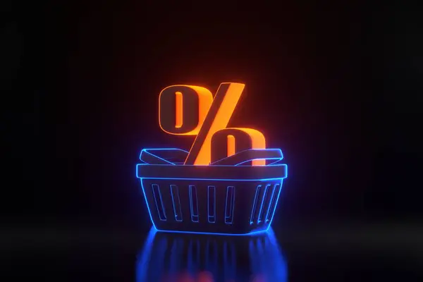 Cartoon shopping basket with percent sign with bright glowing futuristic orange and blue neon lights on black background. Minimal style grocery shopping cart. 3D render illustration