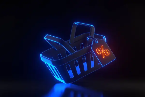 Flying cartoon shopping basket and price tag with percent sign with bright glowing futuristic blue neon lights on black background. Minimal style grocery shopping cart. 3D render illustration