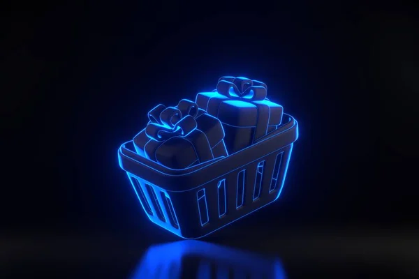 Flying cartoon shopping basket with gift boxes with bright glowing futuristic blue neon lights on black background. Minimal style grocery shopping cart. 3D render illustration