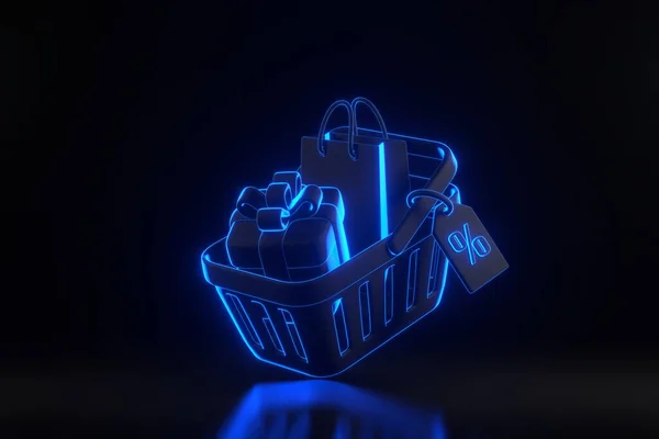 Flying cartoon shopping basket with gift box, shopping bag, price tag and percent sign with bright glowing futuristic blue neon lights on black background. 3D render illustration