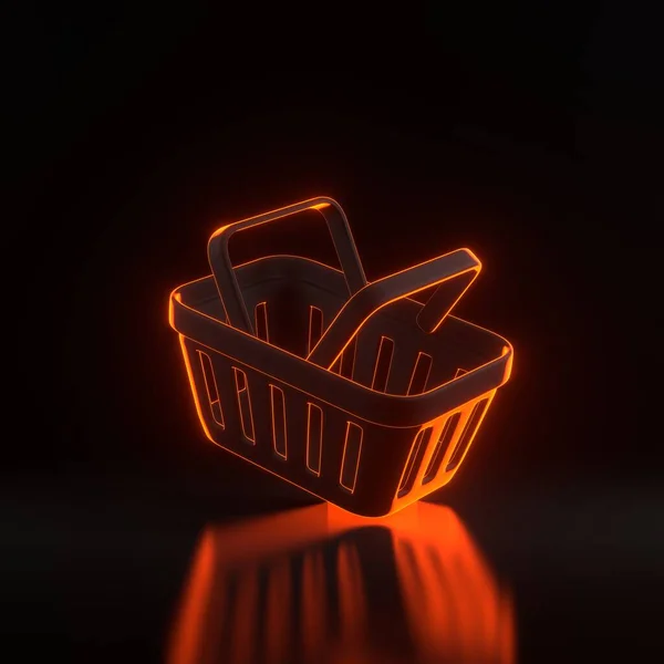 Fliegender Cartoon Warenkorb Mit Leuchtend Orangefarbenen Neonlichtern Auf Schwarzem Hintergrund — Stockfoto