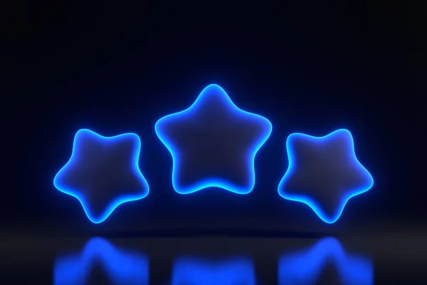 Tre Stjärnor Svävar Med Ljusa Glödande Futuristiska Blå Neonljus Svart — Stockfoto