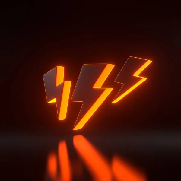 Lightning bolt icon with bright glowing futuristic orange neon lights on black background. Flash icon. Charge flash icon. Thunder bolt. Lighting strike. 3D render illustration