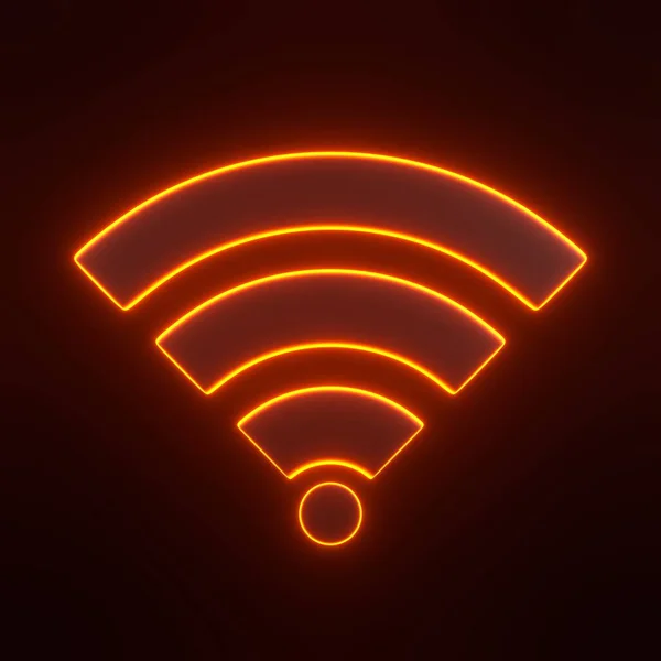 Wireless network symbol with bright glowing futuristic orange neon lights on black background. Wi-Fi icon design concept. Wifi sign. 3D render illustration
