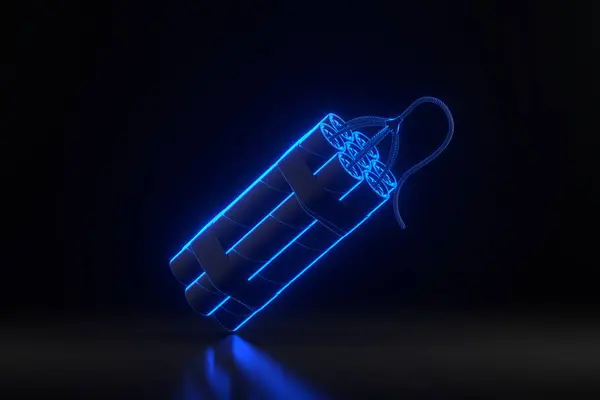 Wiązka Lasek Dynamitu Tnt Knotem Jaskrawo Świecącym Futurystycznym Niebieskim Neonem — Zdjęcie stockowe