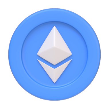 Mavi ethereum jetonu beyaz arkaplanda izole edilmiş. 3 boyutlu simge, imza ve sembol. Çizgi film tarzı asgari. Ön manzara. 3 Boyutlu Resim Çizimi
