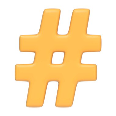 Yellow hashtag symbol isolated on white background. 3D icon, sign and symbol. Cartoon minimal style. Front view. 3D Render Illustration clipart