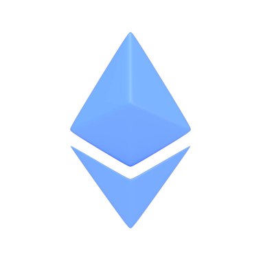 Beyaz arkaplanda mavi ethereum sembolü var. 3 boyutlu simge, imza ve sembol. Çizgi film tarzı asgari. Ön manzara. 3 Boyutlu Resim Çizimi