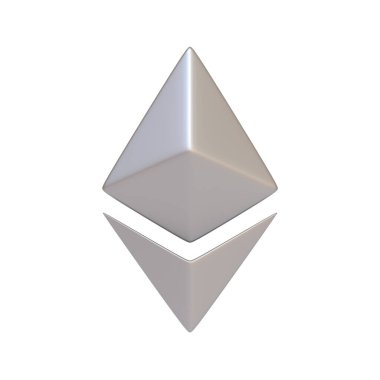 Beyaz arka planda izole edilmiş gümüş ethereum sembolü. 3 boyutlu simge, imza ve sembol. Çizgi film tarzı asgari. Ön manzara. 3 Boyutlu Resim Çizimi