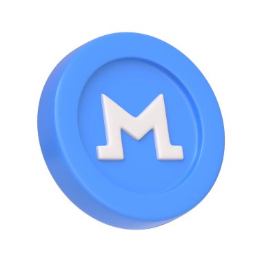 Mavi Monero jetonu beyaz arka planda izole edilmiş. 3 boyutlu simge, imza ve sembol. Çizgi film tarzı asgari. 3 Boyutlu Resim Çizimi