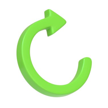 Yeşil ok simgesi, beyaz arkaplanda izole edilmiş sembolü güncelle. 3 boyutlu simge, imza ve sembol. Çizgi film tarzı asgari. 3 Boyutlu Resim Çizimi