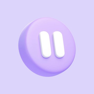 Mor arka planda izole edilmiş mor duraklatma tuşu. 3 boyutlu simge, imza ve sembol. Çizgi film tarzı asgari. 3 Boyutlu Resim Çizimi