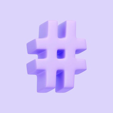 Mor hashtag sembolü mor arkaplanda izole edilmiş. 3 boyutlu simge, imza ve sembol. Çizgi film tarzı asgari. 3 Boyutlu Resim Çizimi
