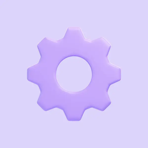 Purple gear icon isolated on purple background. 3D icon, sign and symbol. Cartoon minimal style. Front view. 3D Render Illustration