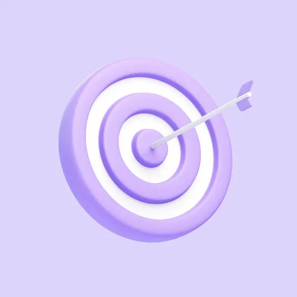Purple target and arrow icon isolated on purple background. 3D icon, sign and symbol. Cartoon minimal style. 3D Render Illustration