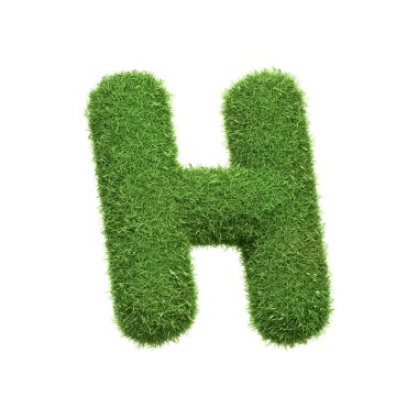 Büyük harf H, yemyeşil çimenden şekillendirilmiş, beyaz arka planda izole edilmiş. Yan görüş. 3 Boyutlu resimleme