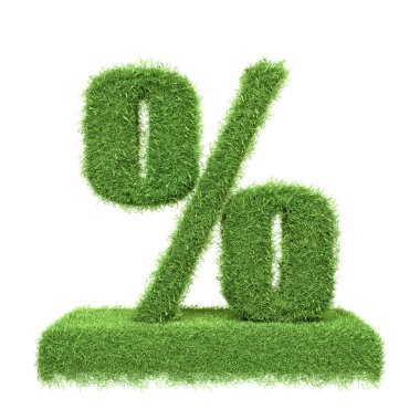 Çevre tasarruflarını, yeşil indirimleri ve sürdürülebilir finansal kavramları temsil eden çim kaplı yüzde sembolü. 3 Boyutlu Resim Çizimi