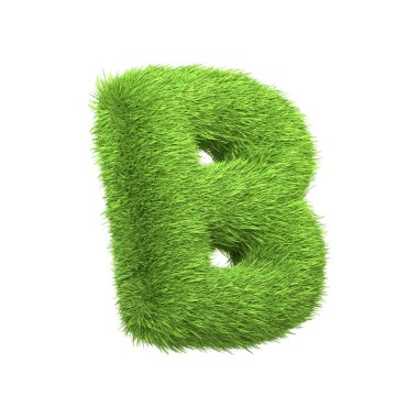 Büyük harf B, yemyeşil çimenden şekillendirilmiş, beyaz arka planda izole edilmiş. Yan görüş. 3 Boyutlu resimleme