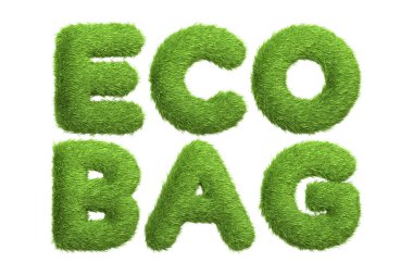 ECO BAG terimi, tek kullanımlık plastiklere yeniden kullanılabilir ve sürdürülebilir alternatifler sunan yemyeşil çimen dokusunda beyaz bir arkaplanda izole edilmiş bir şekilde tasarlanmıştır. 3 Boyutlu Resim Çizimi