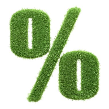 İndirimleri, çevre dostu ekonomiyi veya doğadaki istatistiksel verileri temsil eden yemyeşil çimlerle betimlenmiş bir yüzdelik tabela, beyaz bir arkaplanda izole edilmiş. 3 Boyutlu resimleme