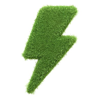 Enerji ve doğal gücü sembolize eden, beyaz arka planda izole edilmiş canlı yeşil otlardan oluşan çarpıcı bir yıldırım sembolü. 3 Boyutlu resimleme