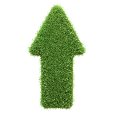 Beyaz arka planda izole edilmiş yeşil çimlerden oluşan yukarı bakan ok büyümeyi, ilerlemeyi ve beyazda izole edilmiş çevre dostu yönü temsil ediyor. 3 Boyutlu resimleme