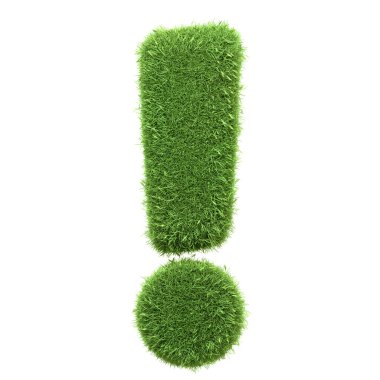 Beyaz arka planda izole edilmiş yeşil çimlerden oluşan noktalama işareti, doğada heyecan ya da önemi temsil eden, beyaza izole edilmiş bir sembol. 3 Boyutlu resimleme