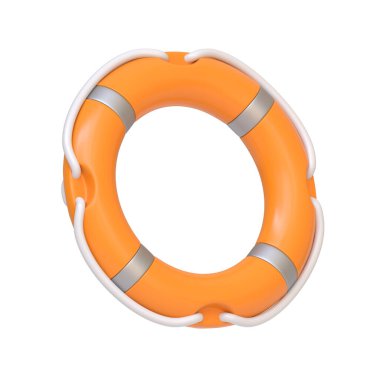 Beyaz aksanlı turuncu can simidi, beyaz arka planda izole edilmiş denizdeki kurtarma ve güvenliği simgeliyor. 3 boyutlu simge, imza ve sembol. Yan görüş. 3 Boyutlu Resim Çizimi