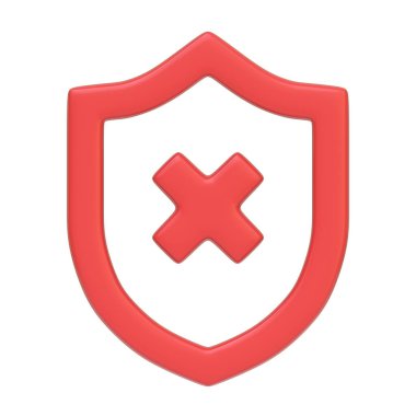 Haçlı kırmızı kalkan, beyaz arka planda izole edilmiş bir hata, inkar ya da sağlık sembolünü temsil ediyor. 3 boyutlu simge, imza ve sembol. Ön manzara. 3 Boyutlu Resim Çizimi