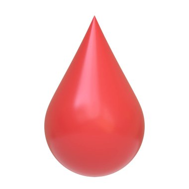 Kırmızı damlacık beyaz arka planda izole edilmiş kan ya da boyayı sembolize ediyor. 3 boyutlu simge, imza ve sembol. Ön manzara. 3 Boyutlu Resim Çizimi