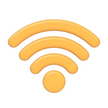 Kablosuz internet bağlantısını temsil eden sarı Wi-Fi sinyal simgesi, beyaz arka planda izole edilmiş. 3 boyutlu simge, imza ve sembol. Ön manzara. 3 Boyutlu Resim Çizimi