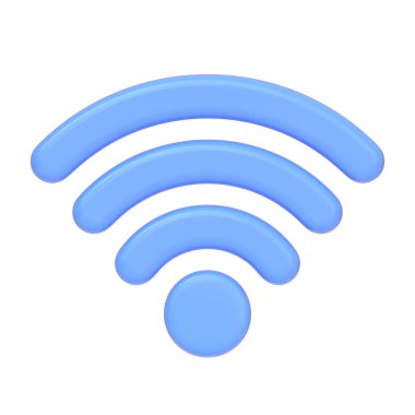 Mavi Wi-Fi sinyal simgesi, kablosuz internet bağlantısını temsil ediyor, beyaz arka planda izole edilmiş. 3 boyutlu simge, imza ve sembol. Ön manzara. 3 Boyutlu Resim Çizimi