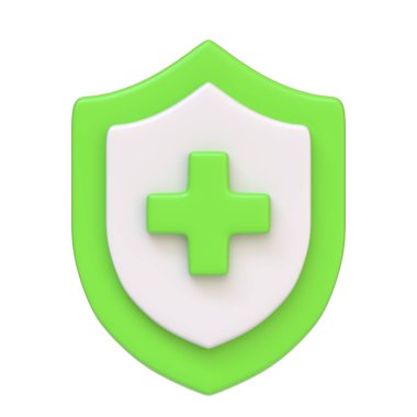 Önde gelen mavi haçı olan yeşil ve beyaz tıbbi kalkan, beyaz arka planda izole edilmiş sağlık hizmetlerini sembolize ediyor. 3 boyutlu simge, imza ve sembol. Ön manzara. 3 Boyutlu Resim Çizimi