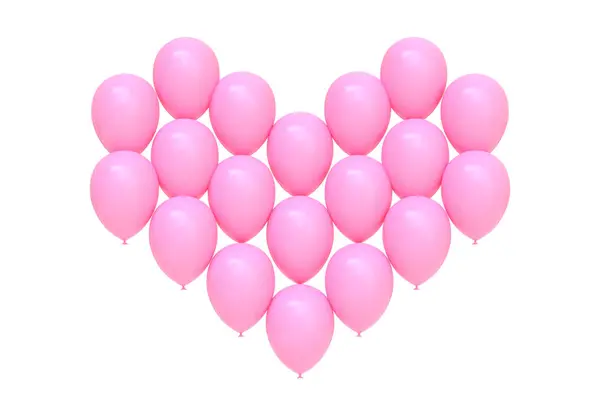 Shluk Růžových Balónků Tvořících Tvar Srdce Bílém Pozadí Symbolizující Lásku — Stock fotografie